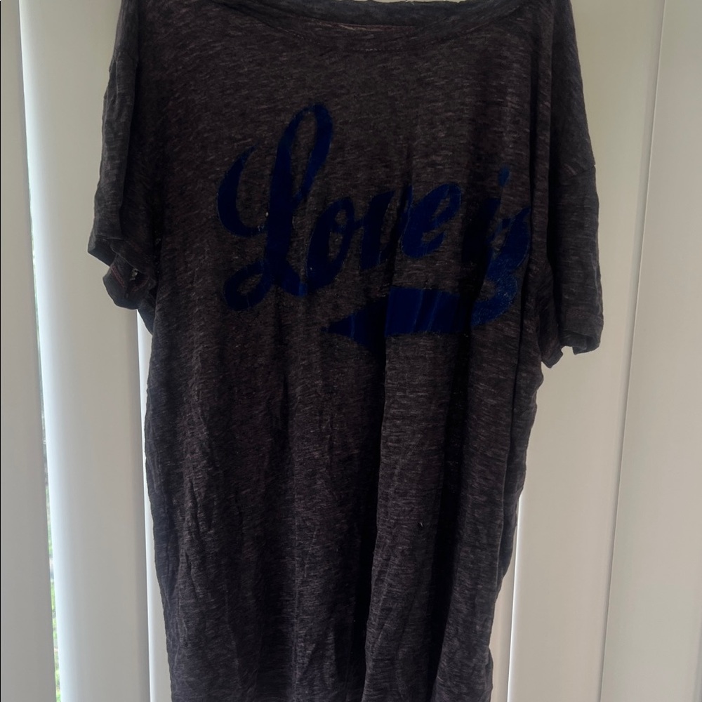 Gray Graphic Tee with Blue Script "Love is"